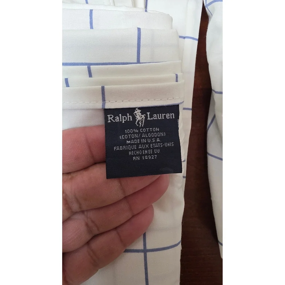 Ralph Lauren Windowpane Check Queen Sheet Set White Blue 100% Cotton Made in USA